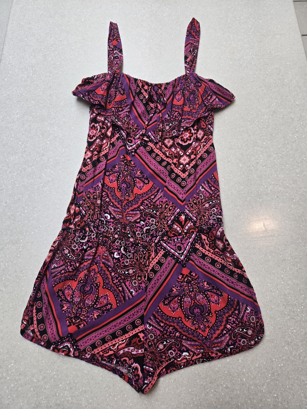 Women's Pink Purple Paisley Print Romper Shorts-Small
